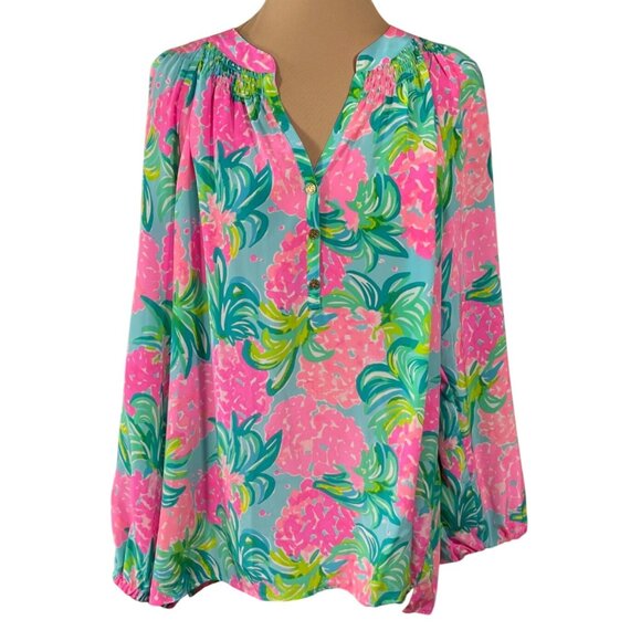 Lilly Pulitzer Elsa Popover Top Silk Size XL Pineapple Shake Pink Green - Picture 1 of 7